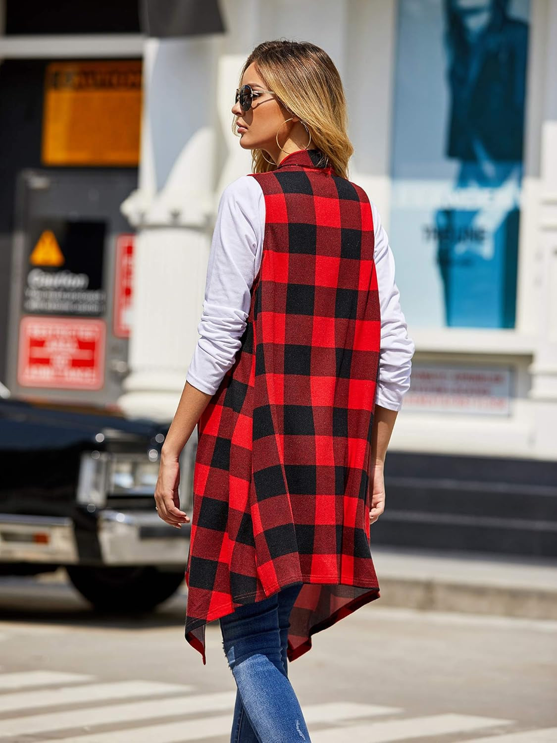 Womens Plaid Open Front Cardigan Sleeveless Drape Lightweight Vest Coat with Pockets