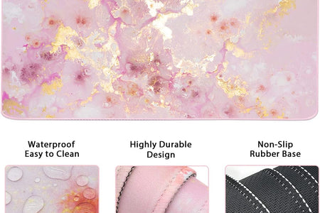 Keyboard Mouse Pad Set, Extended Mouse Pad+Keyboard Wrist Rest Support, Memory Foam Ergonomic Easy Typing, 3Pcs (35.4×15.7 In) Desk Pad Set for Home Office Study Game- Pink Gold Marble