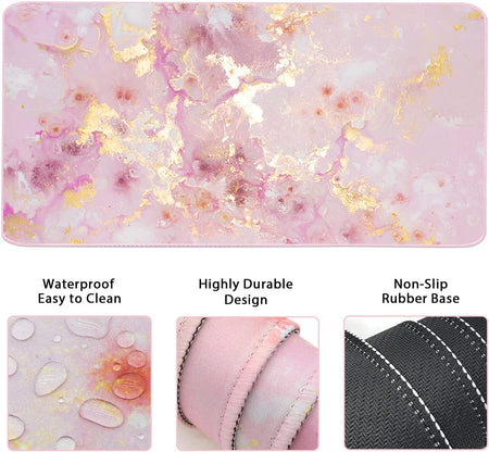 Keyboard Mouse Pad Set, Extended Mouse Pad+Keyboard Wrist Rest Support, Memory Foam Ergonomic Easy Typing, 3Pcs (35.4×15.7 In) Desk Pad Set for Home Office Study Game- Pink Gold Marble