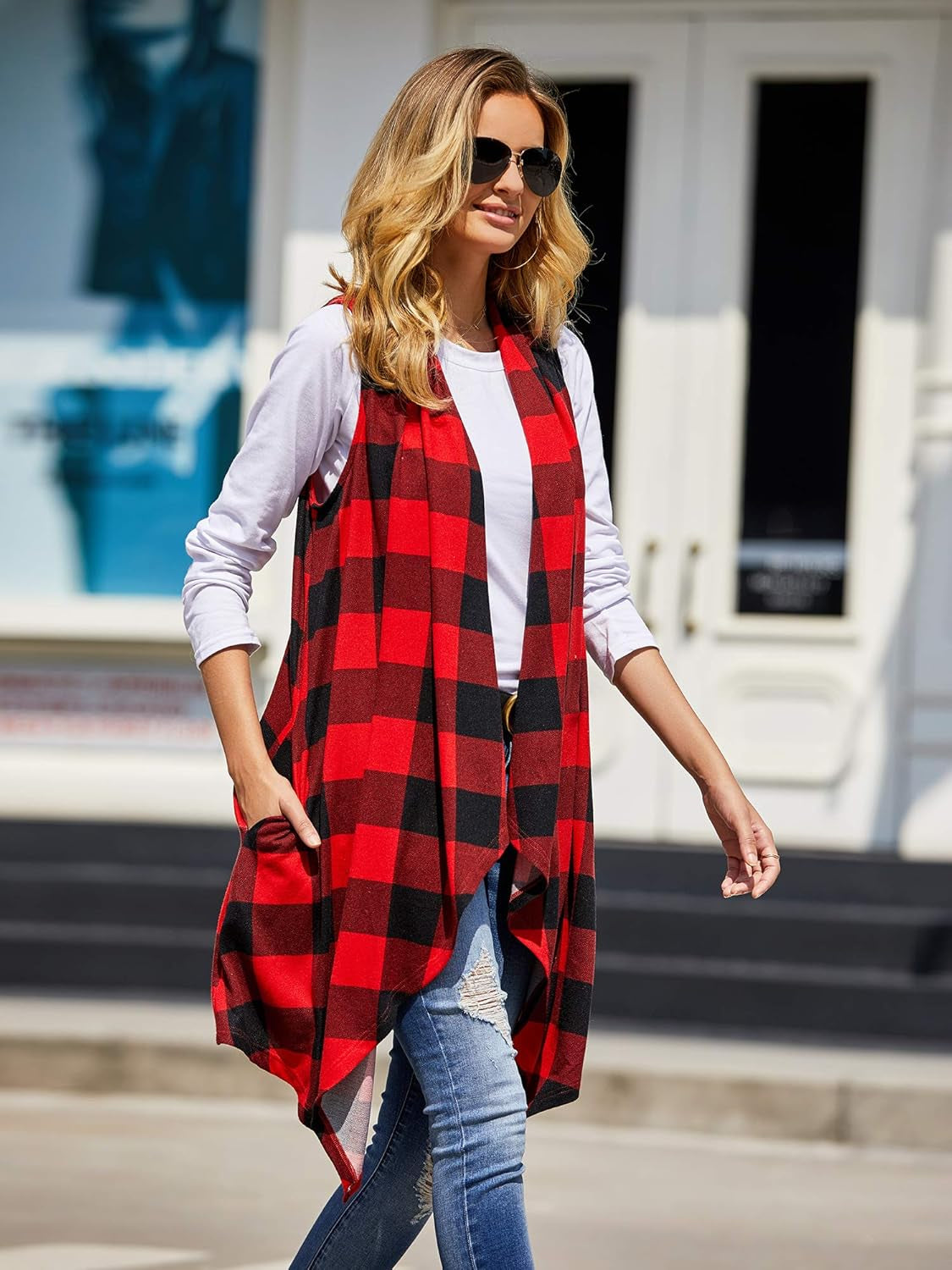 Womens Plaid Open Front Cardigan Sleeveless Drape Lightweight Vest Coat with Pockets