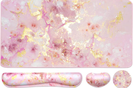 Keyboard Mouse Pad Set, Extended Mouse Pad+Keyboard Wrist Rest Support, Memory Foam Ergonomic Easy Typing, 3Pcs (35.4×15.7 In) Desk Pad Set for Home Office Study Game- Pink Gold Marble